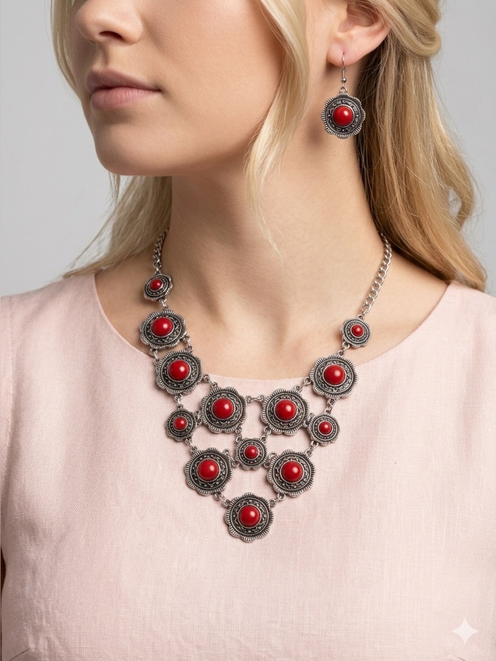 Vintage-Inspired Red Statement Necklace and Earrings Set
